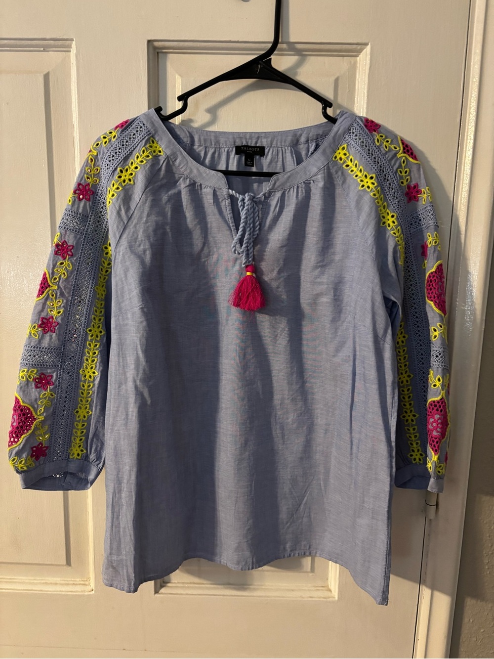 Talbots Petite SP Blue 100% Cotton Floral Tunic Blouse Split Neck Tie Tassel